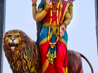 The statue of Goddess Shangumugham Devi is at the Shangumugham Devi Temple in Thiruvananthapuram (Trivandrum), Kerala, India, on April 2, 20...