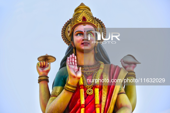 The statue of Goddess Shangumugham Devi is at the Shangumugham Devi Temple in Thiruvananthapuram (Trivandrum), Kerala, India, on April 2, 20...