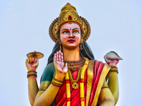 The statue of Goddess Shangumugham Devi is at the Shangumugham Devi Temple in Thiruvananthapuram (Trivandrum), Kerala, India, on April 2, 20...