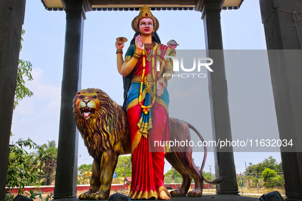 The statue of Goddess Shangumugham Devi is at the Shangumugham Devi Temple in Thiruvananthapuram (Trivandrum), Kerala, India, on April 2, 20...