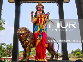 The statue of Goddess Shangumugham Devi is at the Shangumugham Devi Temple in Thiruvananthapuram (Trivandrum), Kerala, India, on April 2, 20...