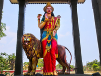 The statue of Goddess Shangumugham Devi is at the Shangumugham Devi Temple in Thiruvananthapuram (Trivandrum), Kerala, India, on April 2, 20...