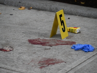 The NYPD Crime Scene Unit canvasses the area outside a senior center where 40-year-old Kavon Reid collapses after he is shot in Bronx, New Y...