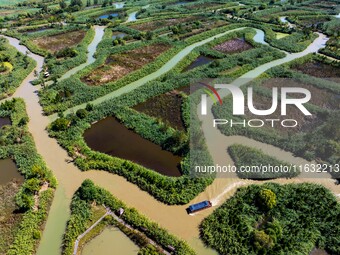 Tourists ride a bamboo raft at Hongze Lake Wetland Park in Suqian, China, on October 2, 2024. (