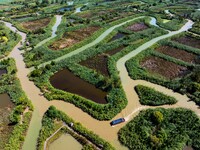 Tourists ride a bamboo raft at Hongze Lake Wetland Park in Suqian, China, on October 2, 2024. (