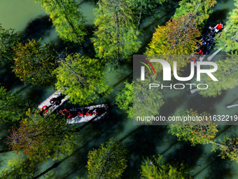 Tourists ride a bamboo raft at Hongze Lake Wetland Park in Suqian, China, on October 2, 2024. (