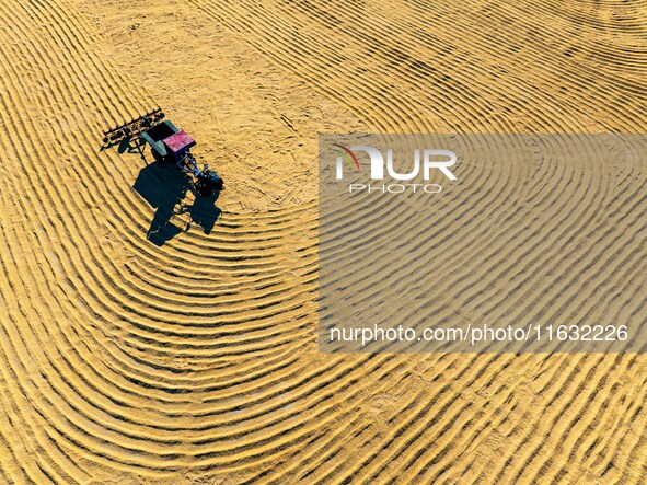 A worker dries rice at a sun-drying farm in Suqian, Jiangsu province, China, on October 2, 2024. 