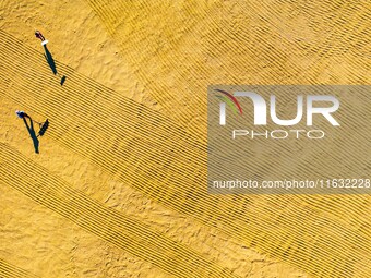 A worker dries rice at a sun-drying farm in Suqian, Jiangsu province, China, on October 2, 2024. (