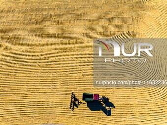 A worker dries rice at a sun-drying farm in Suqian, Jiangsu province, China, on October 2, 2024. (