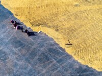 A worker dries rice at a sun-drying farm in Suqian, Jiangsu province, China, on October 2, 2024. (