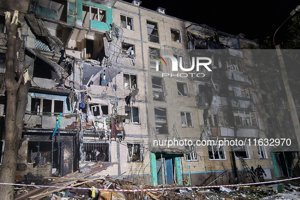 A residential building is damaged by a Russian guided missile strike in Kharkiv, Ukraine, on September 3, 2024. 