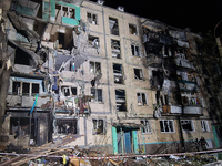 A residential building is damaged by a Russian guided missile strike in Kharkiv, Ukraine, on September 3, 2024. (