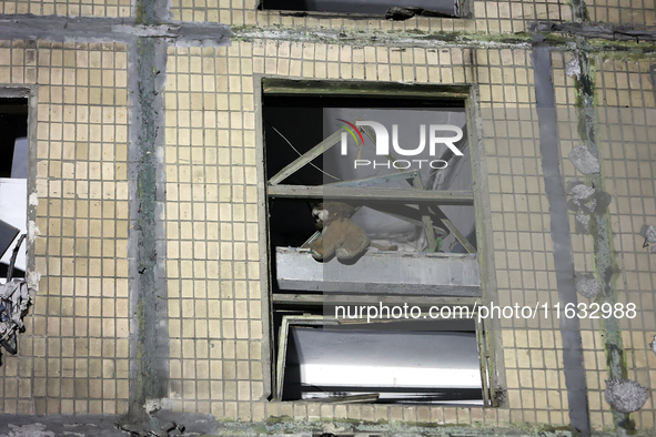 A soft toy is seen in the window of a residential building damaged by a Russian guided missile strike in Kharkiv, Ukraine, on September 3, 2...