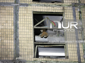 A soft toy is seen in the window of a residential building damaged by a Russian guided missile strike in Kharkiv, Ukraine, on September 3, 2...