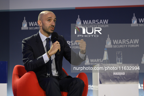 French Junior Minister for Europe Benjamin Haddad speaks during the Warsaw Security Forum 2024 in Warsaw, Poland on October 2, 2024. WSF2024...