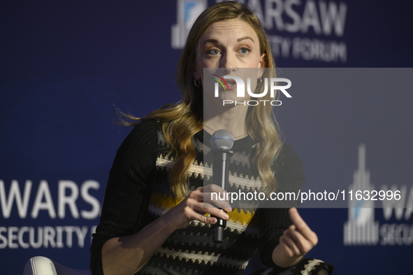 Executive director of the Vandenberg Coalition Carrie Filipetti speaks during the Warsaw Security Forum 2024 in Warsaw, Poland on October 2,...