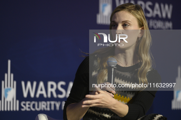 Executive director of the Vandenberg Coalition Carrie Filipetti speaks during the Warsaw Security Forum 2024 in Warsaw, Poland on October 2,...