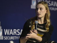 Executive director of the Vandenberg Coalition Carrie Filipetti speaks during the Warsaw Security Forum 2024 in Warsaw, Poland on October 2,...