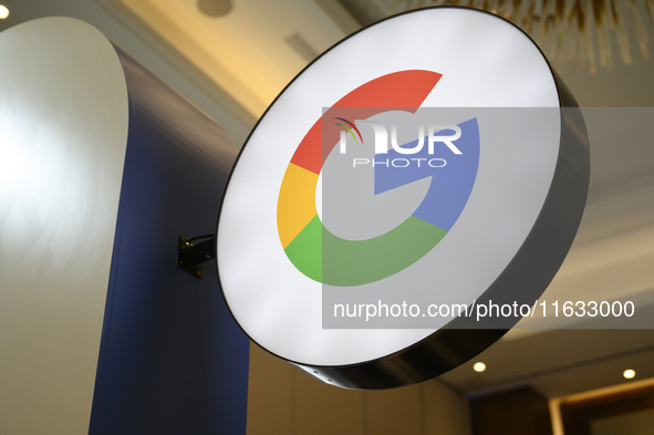 A Google logo is seen at a stand during the Warsaw Security Forum 2024 in Warsaw, Poland on October 2, 2024. WSF2024, entitled 'Ensuring Sec...