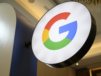 A Google logo is seen at a stand during the Warsaw Security Forum 2024 in Warsaw, Poland on October 2, 2024. WSF2024, entitled 'Ensuring Sec...