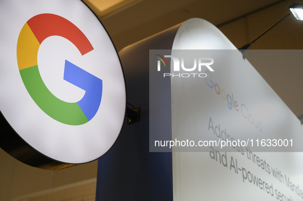 A Google logo is seen at a stand during the Warsaw Security Forum 2024 in Warsaw, Poland on October 2, 2024. WSF2024, entitled 'Ensuring Sec...