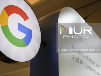 A Google logo is seen at a stand during the Warsaw Security Forum 2024 in Warsaw, Poland on October 2, 2024. WSF2024, entitled 'Ensuring Sec...