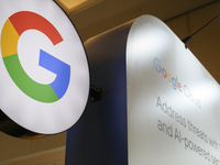 A Google logo is seen at a stand during the Warsaw Security Forum 2024 in Warsaw, Poland on October 2, 2024. WSF2024, entitled 'Ensuring Sec...