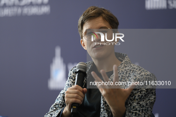 Germany's Minister of State for Europe and Climate Anna Luhrmann gestures as she speaks during the Warsaw Security Forum 2024 in Warsaw, Pol...