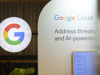 A Google logo is seen at a stand during the Warsaw Security Forum 2024 in Warsaw, Poland on October 2, 2024. WSF2024, entitled 'Ensuring Sec...