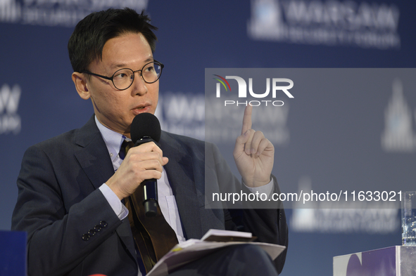 Taiwan's Deputy Secretary-General of the National Security Council Fei-Fan Lin speaks during the Warsaw Security Forum 2024 in Warsaw, Polan...