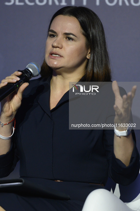 Exiled Belarusian opposition leader Sviatlana Tsikhanouskaya speaks during the Warsaw Security Forum 2024 in Warsaw, Poland on October 2, 20...