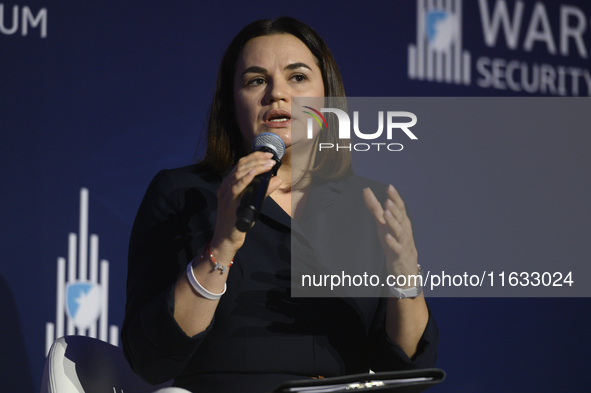 Exiled Belarusian opposition leader Sviatlana Tsikhanouskaya speaks during the Warsaw Security Forum 2024 in Warsaw, Poland on October 2, 20...