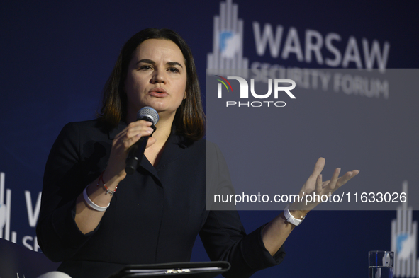 Exiled Belarusian opposition leader Sviatlana Tsikhanouskaya speaks during the Warsaw Security Forum 2024 in Warsaw, Poland on October 2, 20...