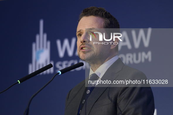 Mayor of Warsaw Rafal Trzaskowski speaks during the Warsaw Security Forum 2024 in Warsaw, Poland on October 2, 2024. WSF2024, entitled 'Ensu...