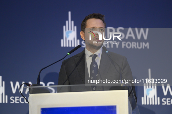 Mayor of Warsaw Rafal Trzaskowski speaks during the Warsaw Security Forum 2024 in Warsaw, Poland on October 2, 2024. WSF2024, entitled 'Ensu...