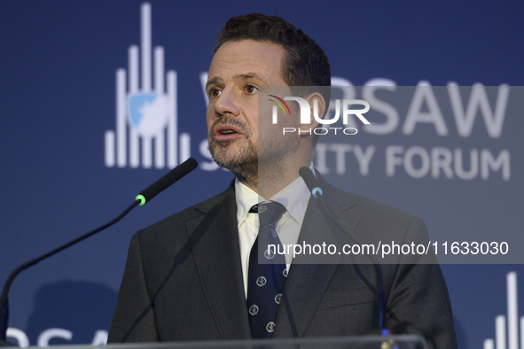 Mayor of Warsaw Rafal Trzaskowski speaks during the Warsaw Security Forum 2024 in Warsaw, Poland on October 2, 2024. WSF2024, entitled 'Ensu...