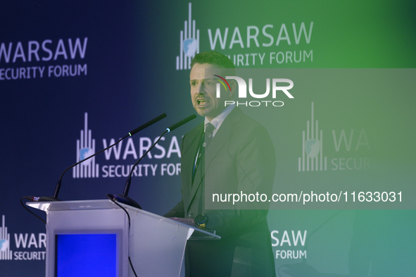 Mayor of Warsaw Rafal Trzaskowski speaks during the Warsaw Security Forum 2024 in Warsaw, Poland on October 2, 2024. WSF2024, entitled 'Ensu...