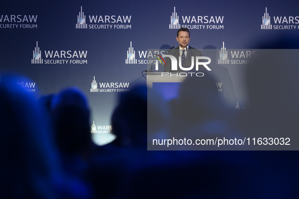 Mayor of Warsaw Rafal Trzaskowski speaks during the Warsaw Security Forum 2024 in Warsaw, Poland on October 2, 2024. WSF2024, entitled 'Ensu...