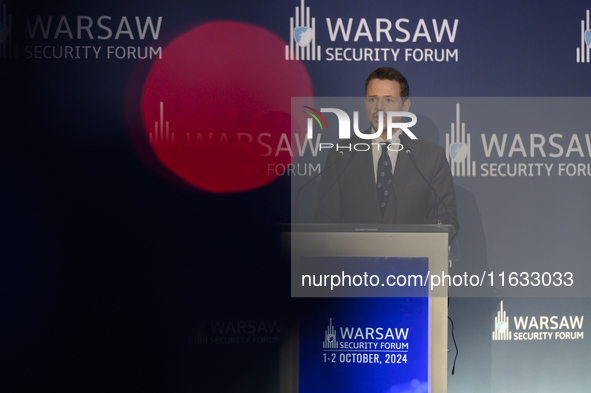 Mayor of Warsaw Rafal Trzaskowski speaks during the Warsaw Security Forum 2024 in Warsaw, Poland on October 2, 2024. WSF2024, entitled 'Ensu...