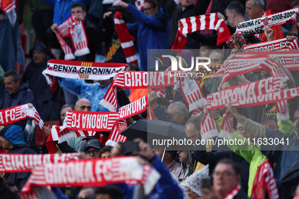 Girona FC fans attend the UEFA Champions League 2024/25 League Phase MD2 match between Girona FC and Feyenoord at Estadi Montilivi in Girona...