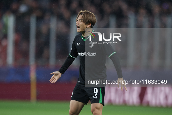 Ayase Ueda of Feyenoord participates in the UEFA Champions League 2024/25 League Phase MD2 match between Girona FC and Feyenoord at Estadi M...