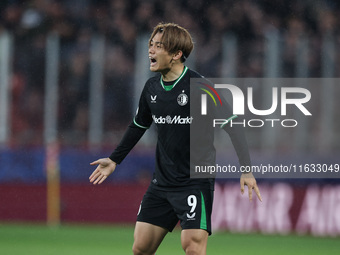 Ayase Ueda of Feyenoord participates in the UEFA Champions League 2024/25 League Phase MD2 match between Girona FC and Feyenoord at Estadi M...