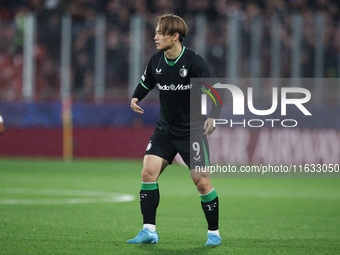 Ayase Ueda of Feyenoord participates in the UEFA Champions League 2024/25 League Phase MD2 match between Girona FC and Feyenoord at Estadi M...