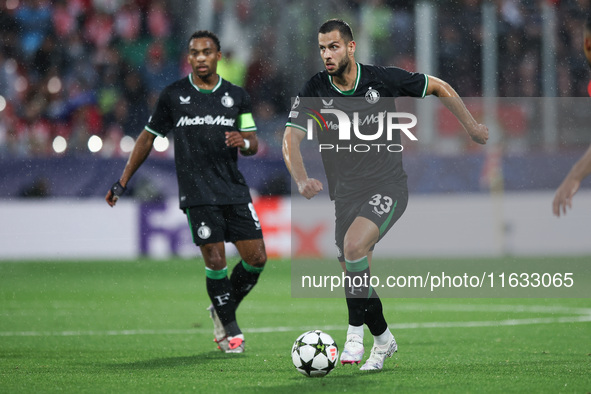 David Hancko of Feyenoord controls the ball during the UEFA Champions League 2024/25 League Phase MD2 match between Girona FC and Feyenoord...