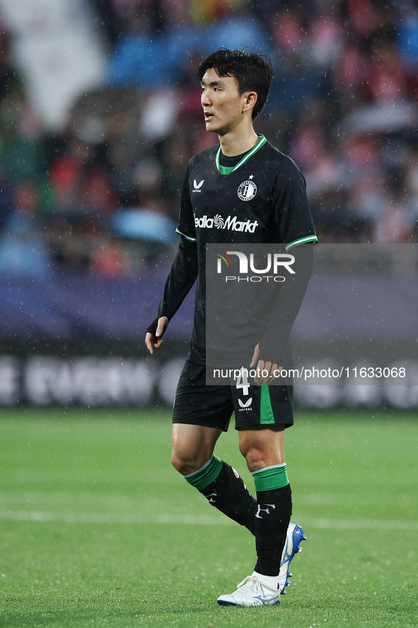 Inbeom Hwang of Feyenoord participates in the UEFA Champions League 2024/25 League Phase MD2 match between Girona FC and Feyenoord at Estadi...