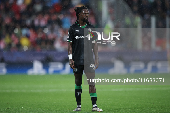 Jordan Lotomba of Feyenoord participates in the UEFA Champions League 2024/25 League Phase MD2 match between Girona FC and Feyenoord at Esta...