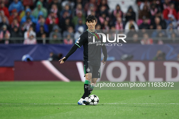 Inbeom Hwang of Feyenoord controls the ball during the UEFA Champions League 2024/25 League Phase MD2 match between Girona FC and Feyenoord...