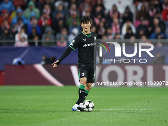 Inbeom Hwang of Feyenoord controls the ball during the UEFA Champions League 2024/25 League Phase MD2 match between Girona FC and Feyenoord...