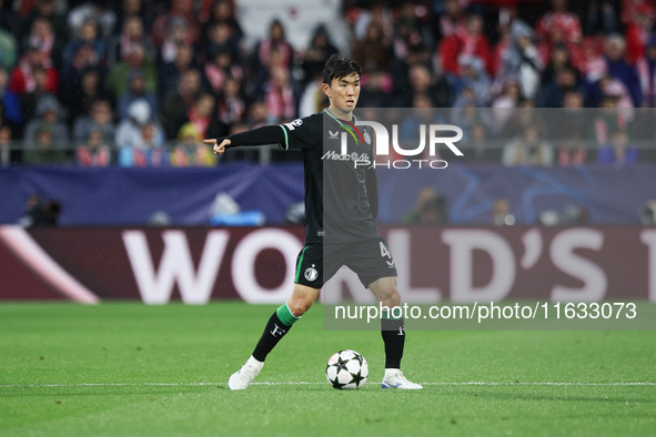 Inbeom Hwang of Feyenoord controls the ball during the UEFA Champions League 2024/25 League Phase MD2 match between Girona FC and Feyenoord...