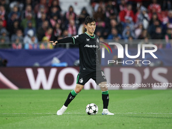 Inbeom Hwang of Feyenoord controls the ball during the UEFA Champions League 2024/25 League Phase MD2 match between Girona FC and Feyenoord...